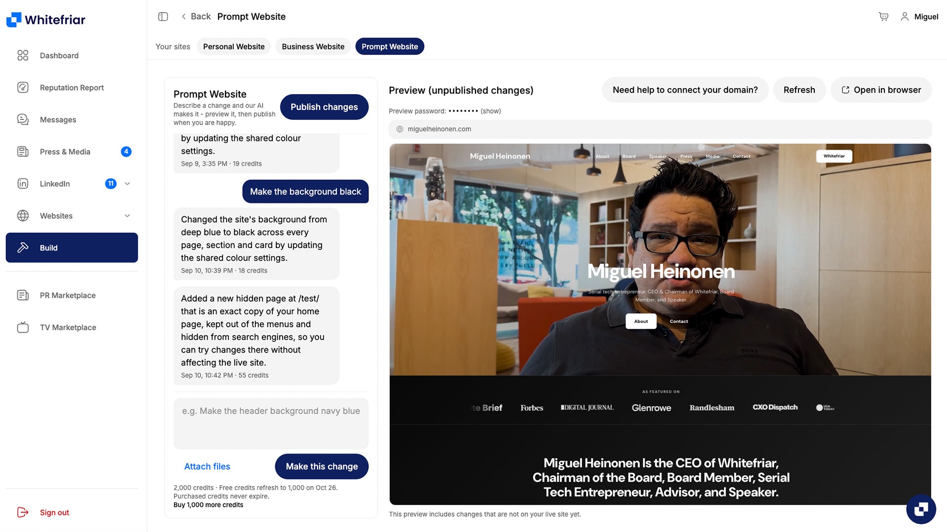 The Whitefriar website builder, previewing an executive site with unpublished changes.