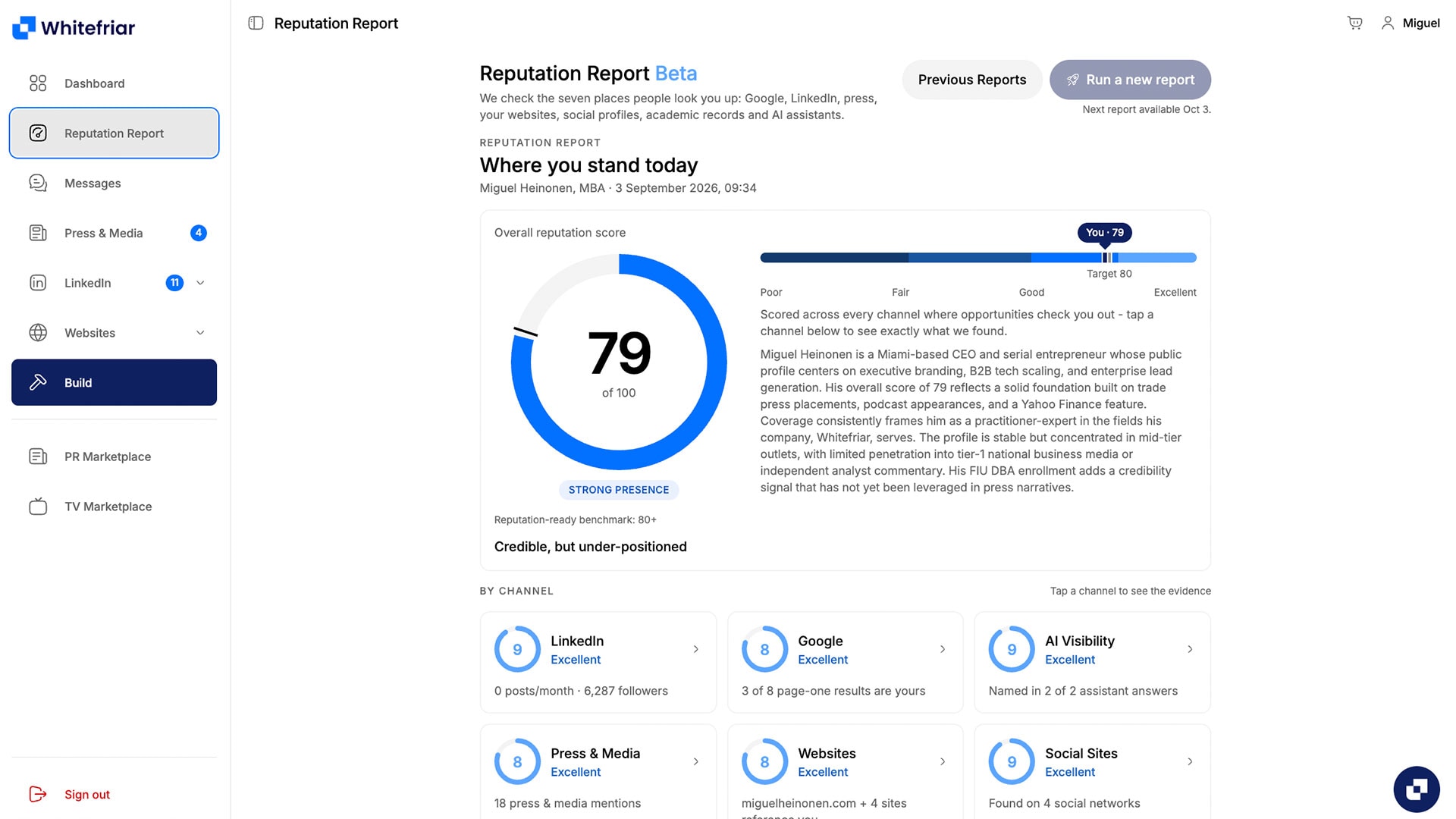 A Whitefriar Reputation Report, scoring an executive across every channel that checks them out.